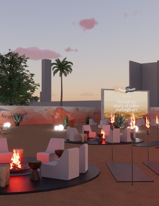 Mzllah - Mystic Mirage is an immersive Emirati-inspired coffee pop-up design by Studio Königshausen in Dubai, United Arab Emirates. Within a 9000 sqm space, desert landscapes are reimagined with vibrant colours, mirrors, and contemporary designs, offering an arty twist to traditional elements.